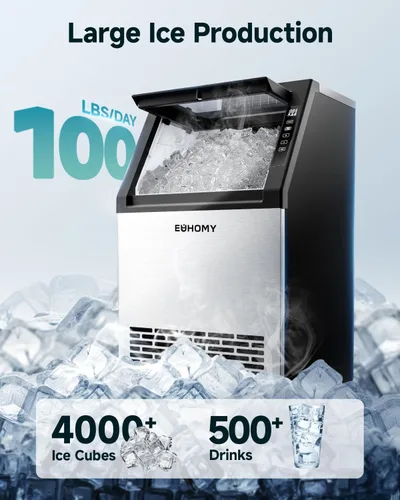 Vista 2 de EUHOMY Máquina comercial para hacer hielo, máquina de hielo de acero inoxidable de 100 libras/24 horas debajo del mostrador con contenedor