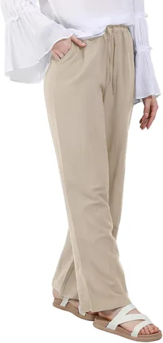 Vista 7 de utcoco Pantalones de algodón y lino con cordón de cintura alta para mujer, estilo casual, ajuste holgado, pierna ancha