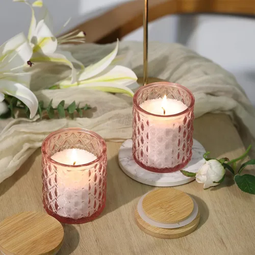 Vista 2 de NITIME 15 piezas de tarros de vela de 7.5 onzas rosados para hacer velas, recipientes de vela de vidrio con tapas de bambú y etiquetas adhesivas