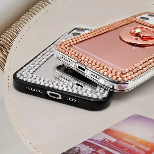 Vista 6 de LUVI Compatible con iPhone 15 Plus Mirror Bling Case con anillo, bonito soporte de diamantes de imitación con purpurina, agarre para los dedos