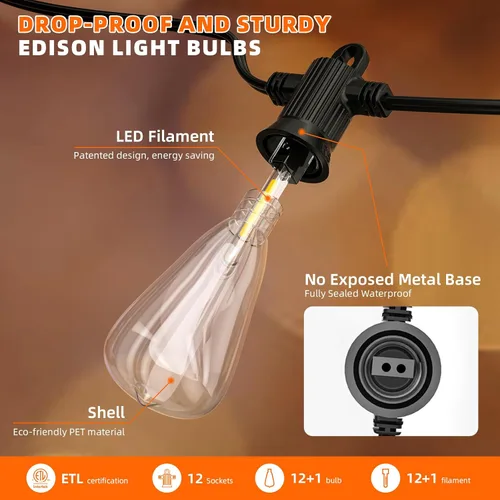 Vista 4 de Kawaya Guirnalda de luces para patio al aire libre: luz LED de 25 pies para patio exterior con 12 bombillas vintage inastillables - 2700 K regulable