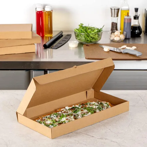 Vista 99 de Restaurantware - Cajas para pizza, 50 unidades, 14 x 7 x 1.5 pulgadas, embalaje de papel de cartón corrugado con bloqueo de pestañas, resistente a