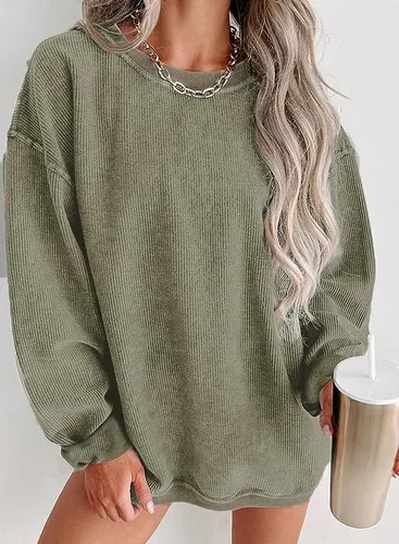 Vista 3 de Sudadera de pana de gran tamaño con cuello redondo para mujer, casual, manga larga, moderna, cómoda