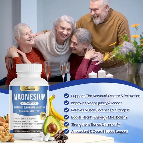 Vista 8 de Cápsulas complejas de magnesio de 1000 mg, glicinato de magnesio 8 en 1, citrato, malato, taurato, óxido, carbonato, aspartato, orrotato - 240