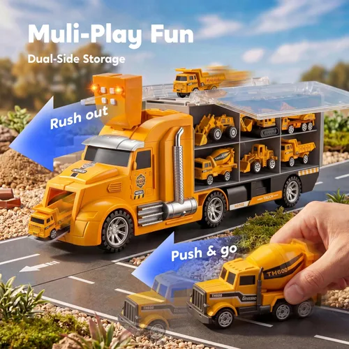 Vista 6 de JOYIN Juego de camiones de construcción 25 en 1 con 12 vehículos y 12 figuras de trabajadores, camiones de juguete Push and Go con sonido y luz