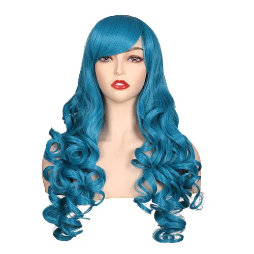 Vista 6 de ColorGround Peluca larga y rizada para cosplay con 2 colas de caballo (azul celeste)