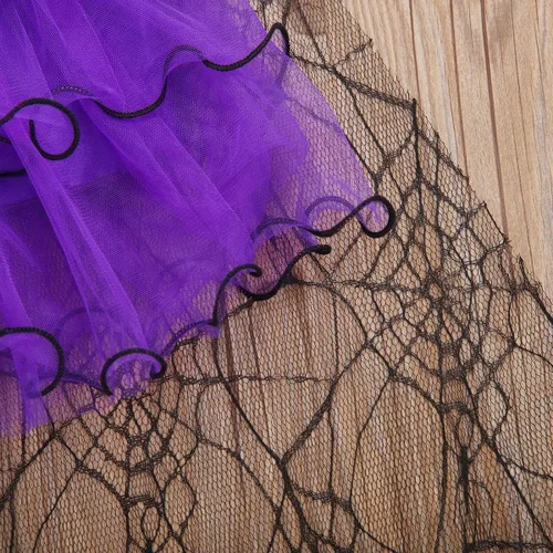 Vista 7 de Disfraz de bruja de Halloween de manga corta con encaje de araña tutú de tul vestido de fiesta de Halloween Morado