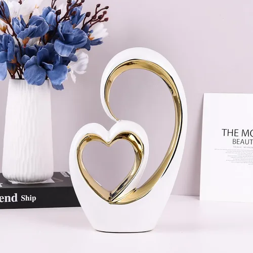 Vista 6 de Corazón de cerámica de oro blanco para decoración del hogar, estatua de amor, regalo de aniversario de San Valentín para pareja, escultura de doble