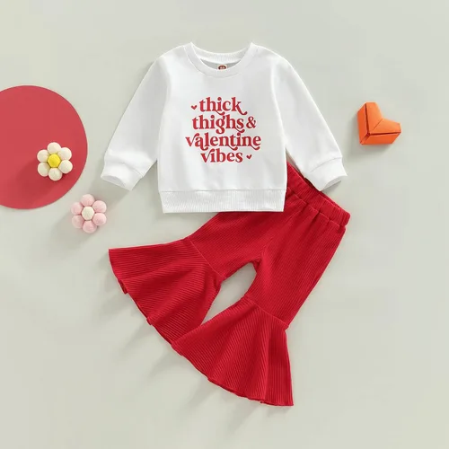 Vista 2 de Ehfomius Conjunto de 2 piezas de sudadera de manga larga con cuello redondo y pantalones acampanados para bebé niña