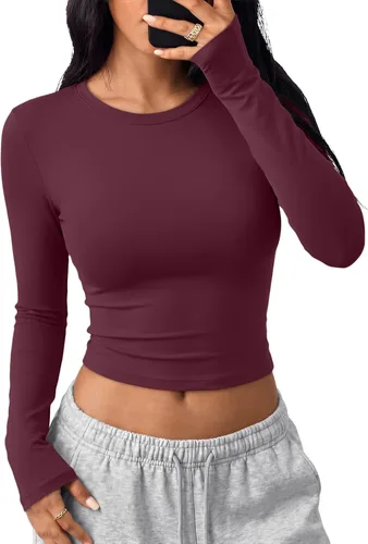 Vista 37 de Trendy Queen Camisetas cortas de manga larga para mujer, camisetas básicas Blanco