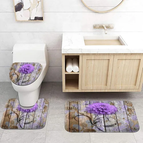 Vista 29 de JAWO Alfombra de baño con flores de granja, dalia en tablones de madera rústica, juego de tapetes de baño con flores azules, en forma de U