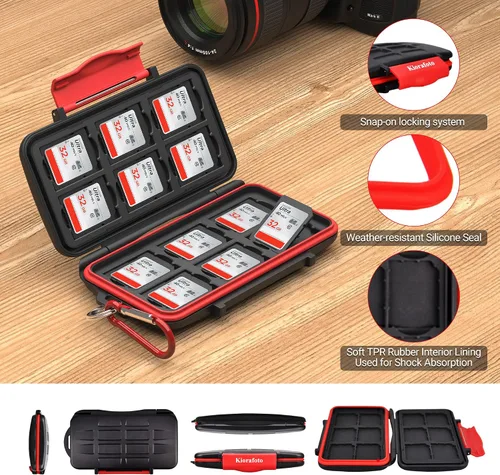Vista 5 de Kiorafoto Estuche Porta Tarjetas SD SDHC SDXC de 12 Ranuras Profesional, Resistente al Agua, Anti-Shock, Protector de Almacenamiento de Tarjetas