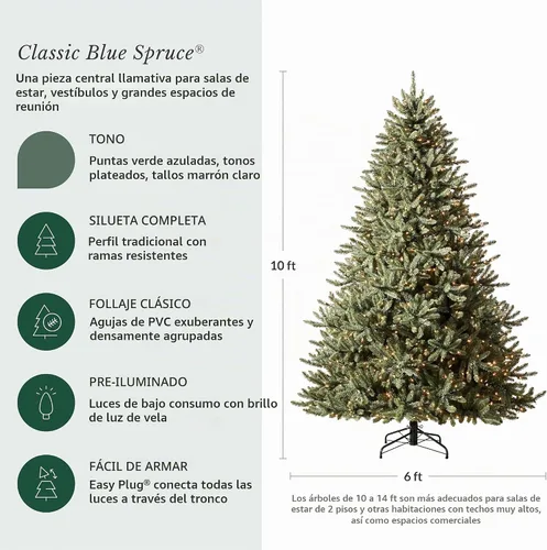 Vista 3 de Balsam Hill 10 ft Pre-Lit Classic Blue Spruce - Artificial Christmas Tree with 6382+ Tips, 1850 Hand-Strung Clear LED Lights, Easy Plug System & Led