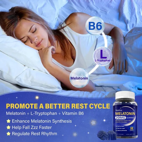 Vista 3 de Gomitas de melatonina de 20 mg para adultos, suplemento gomoso de melatonina de máxima fuerza con glicinato de magnesio, B6, B12, L-teanina, GABA