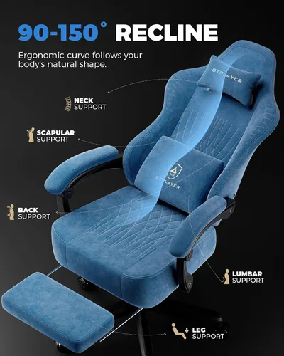 Vista 6 de GTPLAYER Silla de juegos grande y alta con reposapiés, sillas de videojuegos de asiento extra anchas para adultos, silla reclinable ergonómica Azul