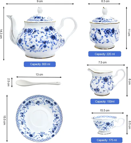 Vista 9 de Juego de té de porcelana de hueso, juego de té de porcelana de 21 piezas para adultos, tazas de té y platillos para 6, con tetera, cucharas, Azul