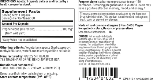 Vista 6 de Klaire Labs SFI Health Pregnenolone – Puede apoyar la memoria, el estado de ánimo y la energía para adultos – 100 mg derivado de ñame silvestre