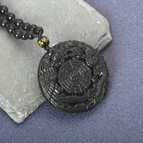 Vista 2 de Collar de obsidiana negra con dije de protección de amuleto de la suerte con cadena de cuentas extendida, piedra de cristal curativa, collares