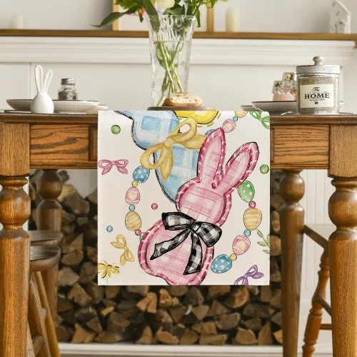 Vista 2 de Artoid Mode Camino de mesa de Pascua con lazo floral, conejo, conejo, huevos, Pascua, decoración de mesa de comedor de primavera para decoración