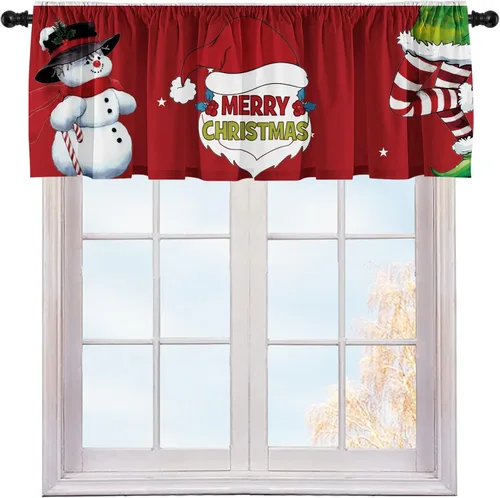 Vista 7 de Cenefas de cortina de cocina de Navidad, Navidad, invierno, cenefas pequeñas con bolsillo para barra, decoración de cortinas cortas de Navidad
