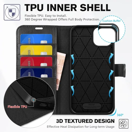 Vista 5 de TUCCH Funda tipo cartera para iPhone 15 Plus, [bloqueo RFID] 4 tarjeteros con función atril [funda interior de TPU a prueba de golpes] Funda Negro