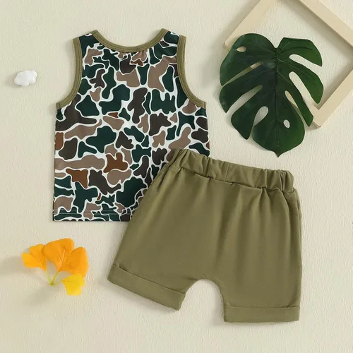 Vista 33 de Ropa de bebé niño sin mangas + pantalones cortos con estampado a rayas con bolsillos, 2 piezas de trajes de verano