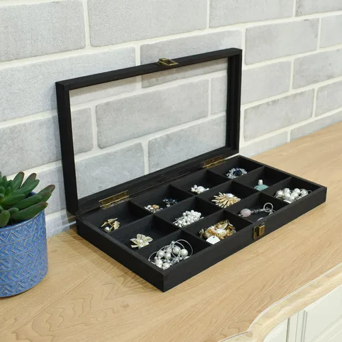 Vista 7 de Ikee Design Elegante caja de almacenamiento de joyas de madera con tapa de vidrio, 12 compartimentos, ideal para anillos, pulseras, piedras