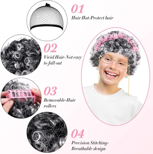 Vista 4 de 28 Pcs Old Lady Costume for Kids 100th Day of School Grandma Cosplay Dress Cardigan Bag Bandana head accessories