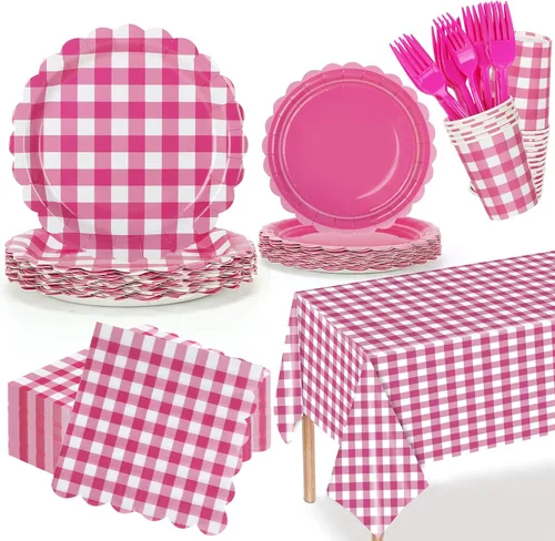 Vista 8 de Suministros de fiesta de cuadros verdes, incluyen platos de papel festoneado desechables de 9 y 7 pulgadas, servilletas, vasos, tenedores, manteles