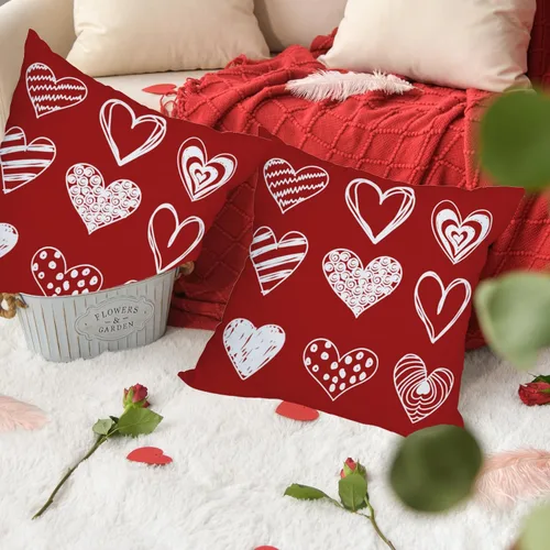 Vista 3 de Fukeen Paquete de 2 fundas de almohada impermeables para el día de San Valentín para exteriores, de 16 x 16 pulgadas, color blanco, rojo, corazón