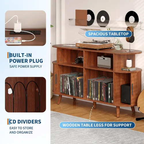 Vista 6 de GarveeHome Soporte redondo grande para tocadiscos de 55 pulgadas con estación de carga y puertos USB, soporte para tocadiscos de vinilo rústico