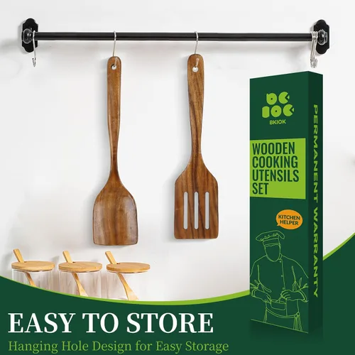 Vista 7 de Bkiok Cuchara de madera para cocinar, juego de utensilios de cocina de madera de teca hechos a mano, espátula plana y espátula ranurada