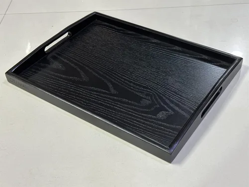 Vista 3 de DILLMAN Bandeja de servir grande rectangular de madera negra bandeja de comida bandeja de mayordomo bandeja de desayuno con asas (pequeña)
