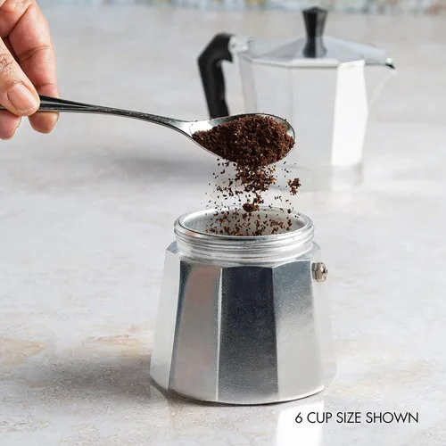 Vista 5 de Moka Pot - Cafetera y cafetera para estufa, cafetera italiana, cafetera Greca, cafeteras, plata (6 tazas)