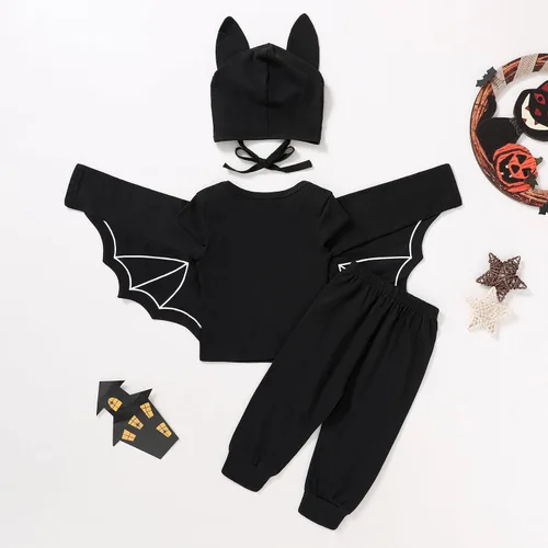 Vista 3 de YOUNGER TREE Conjunto de ropa de invierno para bebés y niñas pequeñas, con capucha de murciélago negro, con bolsillo y cremallera