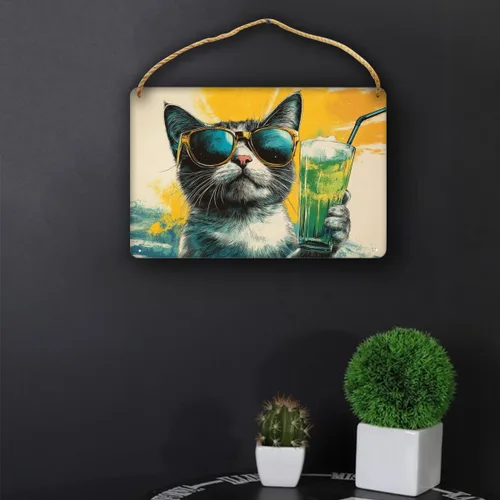 Vista 4 de Cartel de madera retro para fiesta de jugo de gato, 12 x 8 pulgadas, cartel colgante de madera vintage, póster de pared para comedor y sala