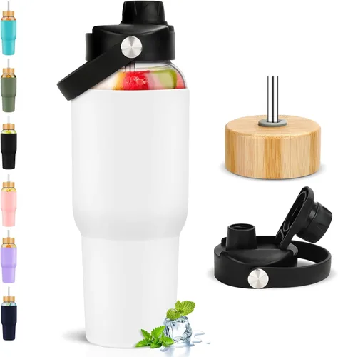 Vista 15 de PROBTTL Botellas de agua de vidrio de 32 onzas, vaso de vidrio de 1 litro, botella de agua de borosilicato con popote, funda de silicona, 2 tapas