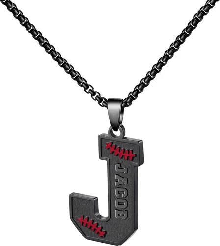 Vista 90 de Ldurian Collar personalizado con nombre de béisbol, cadena negra de acero inoxidable, collar con nombre deportivo, letra A-Z de 24 pulgadas, regalos