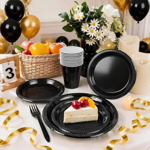 Vista 2 de MirthMood - 350 platos desechables negros, platos negros, suministros de plástico para fiestas, incluye 50 platos llanos, 50 platos de ensalada, 50