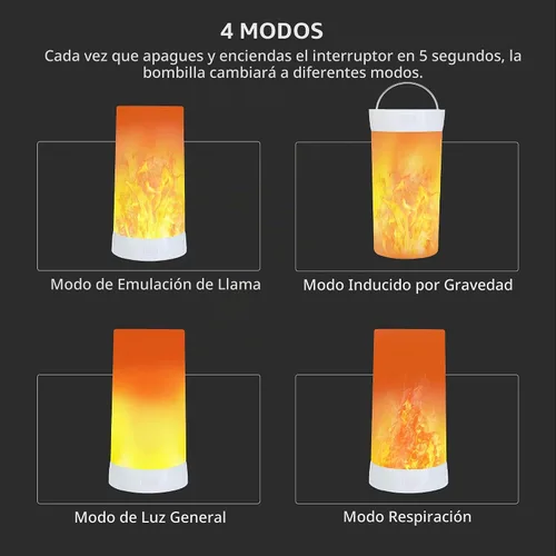 Vista 6 de 4 luces LED con efecto de llama, recargable por USB, 4 modos de luz parpadeante con temporizador remoto, efecto de detección de gravedad, base