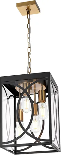 Vista 10 de Lámparas colgantes para exteriores, moderna linterna colgante exterior de 3 luces, panel de cristal transparente, candelabro grande negro para Negro