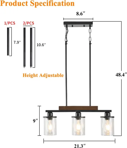 Vista 6 de Lámpara de comedor,Lámpara de cocina de 3 luces para iluminación de granja, iluminación colgante industrial de madera de metal negro mate,Luces