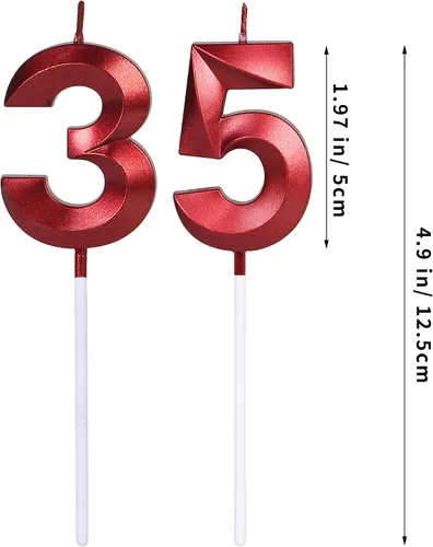 Vista 2 de Velas rojas de cumpleaños 35 y 53 para pasteles, número 35 53 con purpurina para decoración de tartas de fiesta, aniversario, boda, celebración