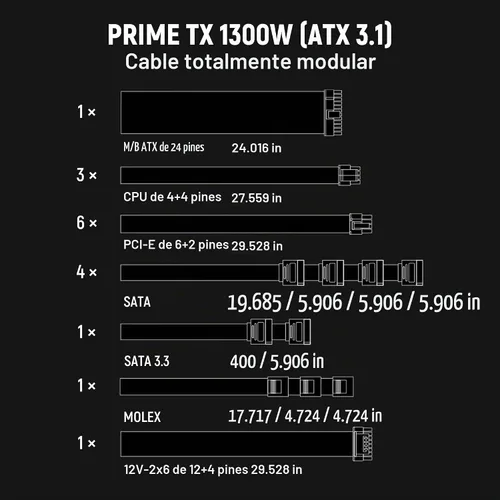 Vista 3 de Seasonic Prime TX-1300 1300W 80+ Titanium ATX 3.0 y PCIe 5.0 Ready Completamente Modular Factor de Forma ATX Condensador Japonés Premium