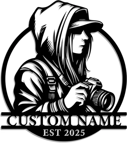 Vista 9 de Letrero de metal personalizado para fotógrafo, arte de pared de hierro para cámara y niña con cámara, decoración única con temática de fotografía