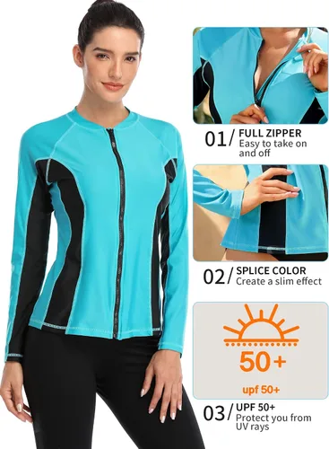 Vista 4 de ATTRACO Rashguard o Camiseta de surf para mujer con cremallera frontal, protección solar UPF 50+