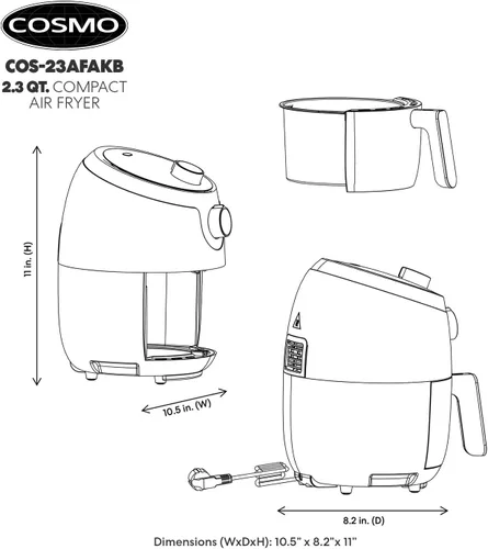 Vista 5 de COSMO COS-23AFAKB Freidora de Aire Eléctrica Pequeña de 2.3 Cuartos con Control de Temperatura, Temporizador, Apagado Automático, Bandeja de Freír