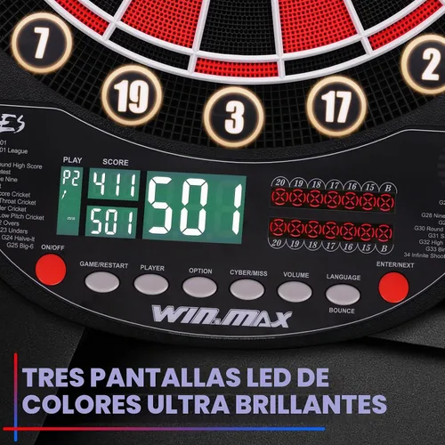 Vista 2 de WIN.MAX Tablero electrónico de dardos de punta suave, juego de pantallas LED, 3 idiomas con 12 dardos 100 puntas adaptador de corriente ROJO/NEGRO