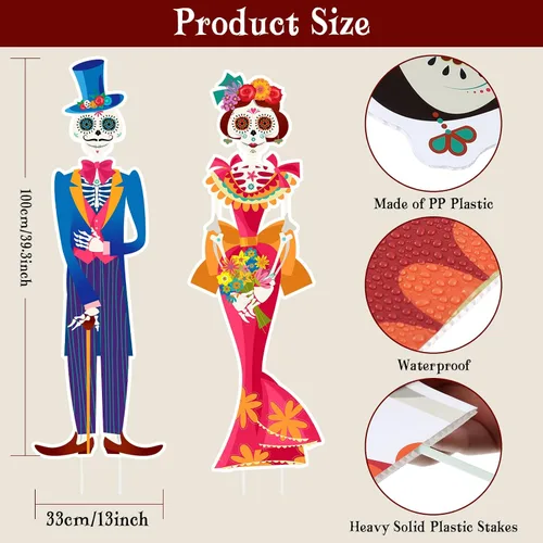 Vista 2 de Namalu Paquete de 2 carteles de Día de los Muertos para patio al aire libre, decoraciones de césped con calavera de azúcar con estacas para fiesta