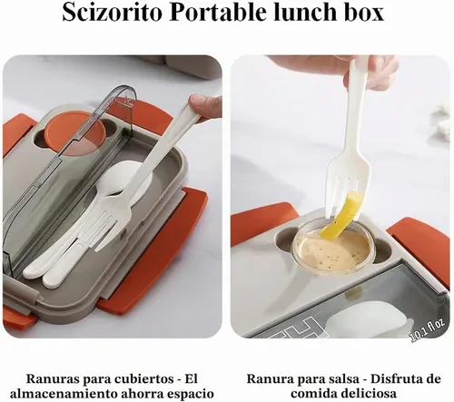 Vista 8 de Bento Box - Lonchera para adultos, recipientes de 44 onzas con 4 compartimentos, contenedor de alimentos con utensilios, tarro de salsa, apto